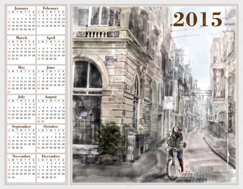 Calendar 2015 with illustration of city street.  Watercolor styl