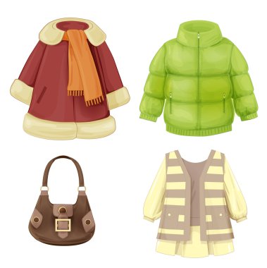 set of seasonal clothes for girls. Coat, dress, padded parka and clipart