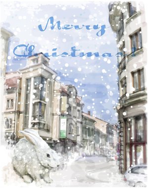 Bunny şehrin sokak üzerinde. Noel tebrik kartı.