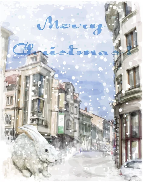 Bunny op de stad straat. Christmas wenskaart. — Stockvector