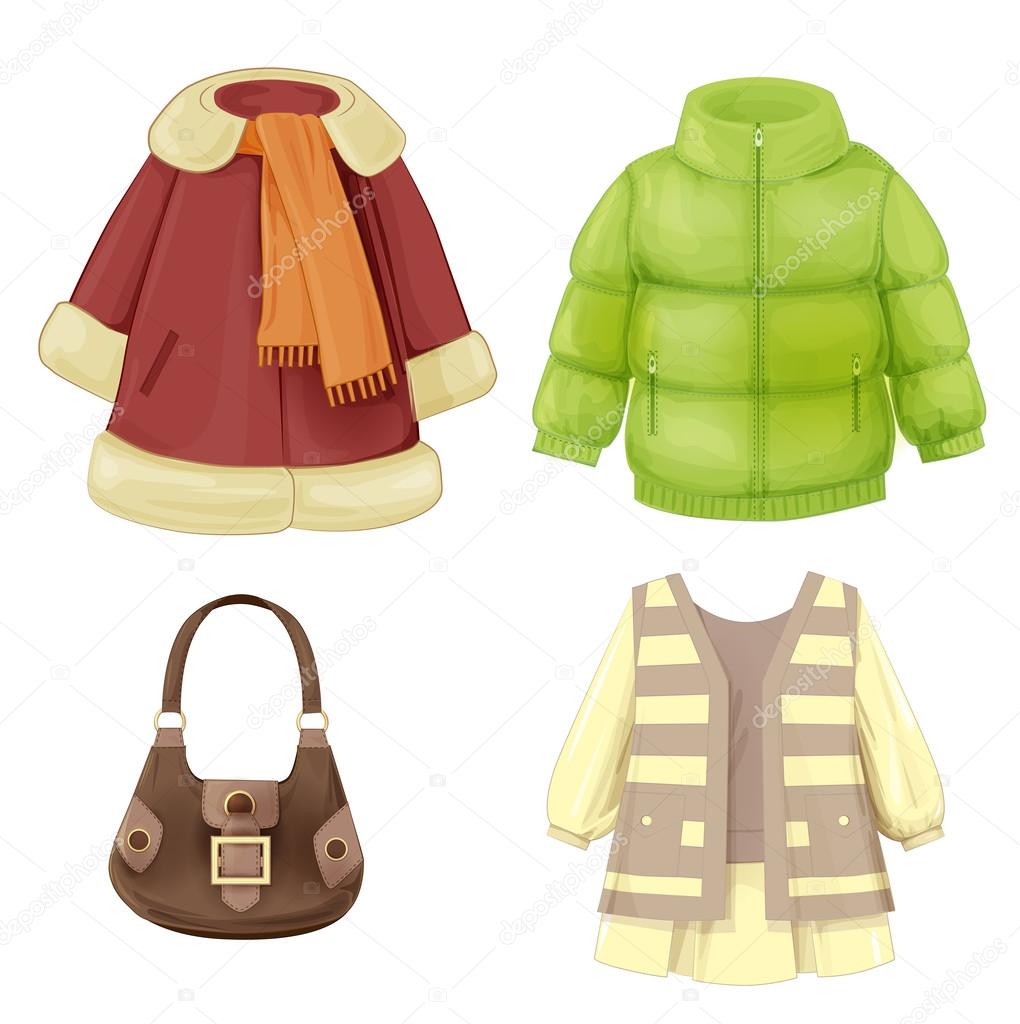 set of seasonal clothes for girls. Coat, dress, padded parka and