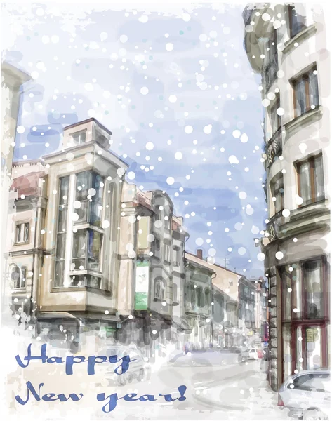 Рождественская открытка с иллюстрацией городской улицы. Акварель — стоковый вектор