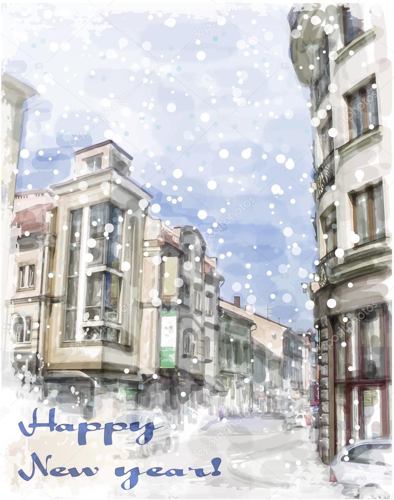 Christmas card  with illustration of city street.  Watercolor st