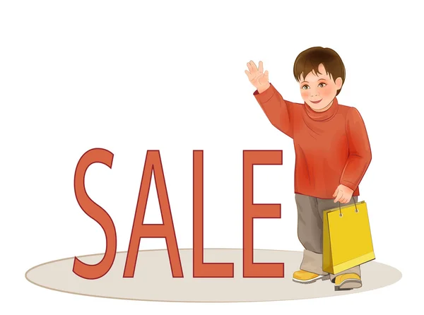 Cute kid with paper bag. Sale of children's clothing. — Stock Vector