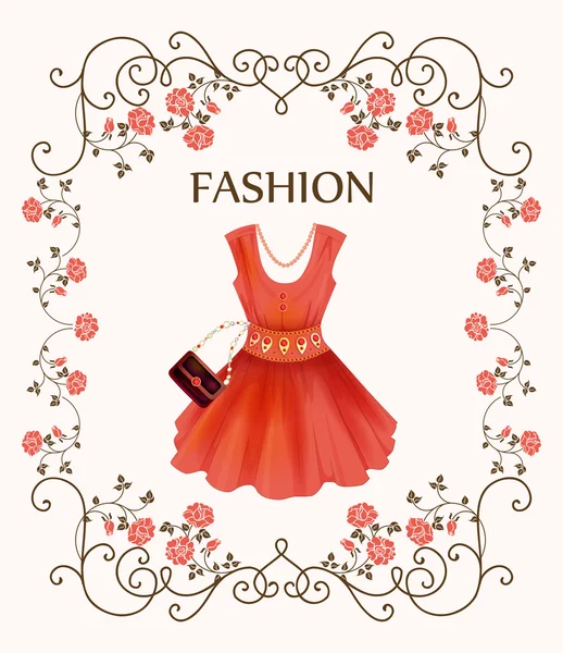 Vintage label with red dress — Stock Vector