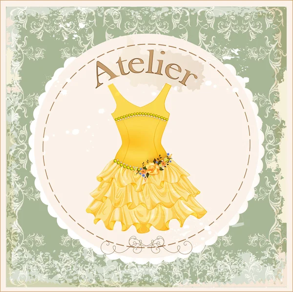 Vintage label with yellow dress decorated with roses — Stock Vector
