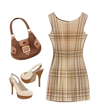Fashion items for girls. Casual dress, shoes and handbag.  clipart