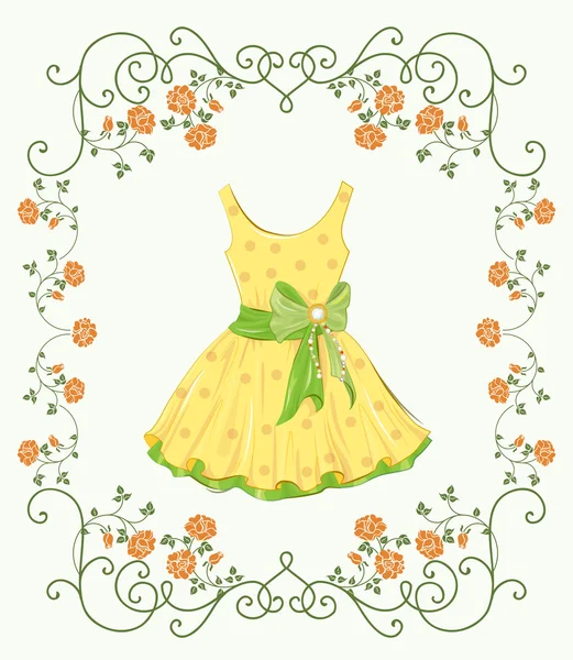 Vintage label with yellow dress and floral frame — Stock Vector