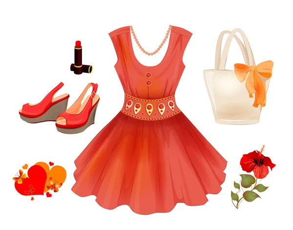 Kit de moda para niñas. Vestido, bolso, flor, lápiz labial y arena — Vector de stock