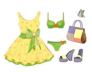 Kızlar için moda seti. Elbise, çanta, bikini ve sandalet.