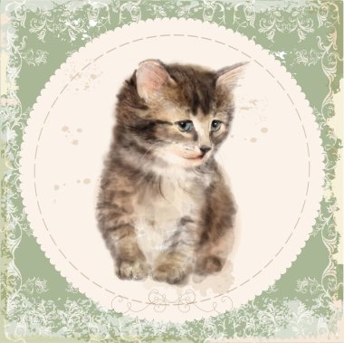 Vintage kartı ile kabarık kedi yavrusu. Sulu Boya paintin, taklit