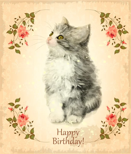 Tarjeta de cumpleaños feliz con gatito esponjoso. Imitación de acuarela — Archivo Imágenes Vectoriales