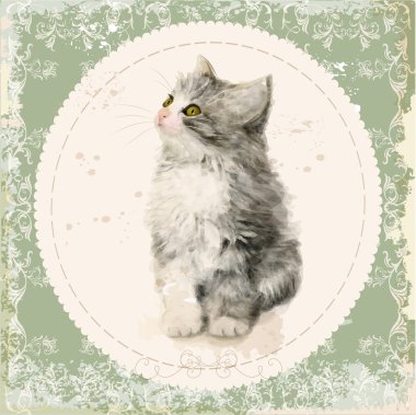 Vintage kartı ile kabarık kedi yavrusu. Sulu Boya paintin, taklit