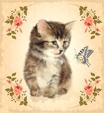 Vintage card with fluffy kitten and butterfly.  Imitation of wat