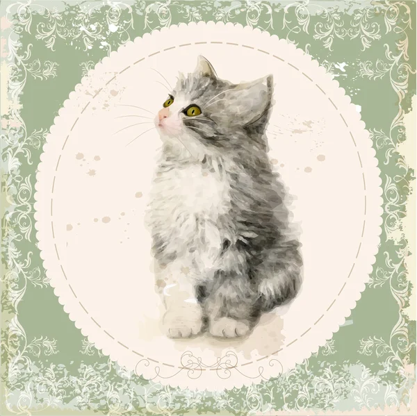 Vintage card with fluffy kitten. Imitation of watercolor paintin — Stock Illustration Vintage card with fluffy kitten. Imitation of watercolor paintin Royalty Free Stock Illustrations