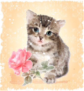 Gül desenli kabarık kedi yavrusu. Vintage kartpostal. İmitasyon waterc