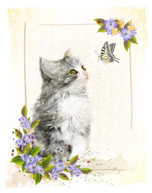 Vintage kartpostal ile yavru kedi. Suluboya taklit.