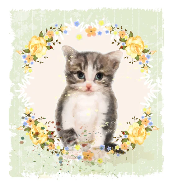 Carte vintage avec chaton moelleux et roses. Imitation de watercol — Image vectorielle