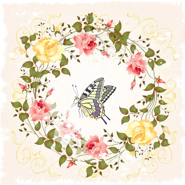 Vintage wreath of roses and butterfly — Stock Vector