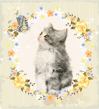 Vintage kartı kabarık kedi yavrusu, gül ve kelebek. Taklit 