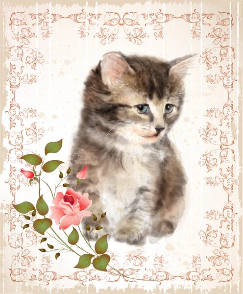 Vintage card with fluffy kitten and rose. Imitation of watercolo — Stock Vector