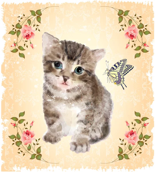 Fluffy kitten with roses and butterfly. Vintage postcard. Imit — Stock Illustration Fluffy kitten with roses and butterfly. Vintage postcard. Imit Stock Illustration