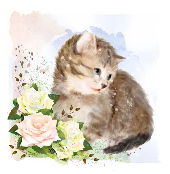 Fluffy kitten with roses. Vintage postcard. Imitation of water — Stock Illustration Fluffy kitten with roses. Vintage postcard. Imitation of water Royalty Free Stock Illustrations