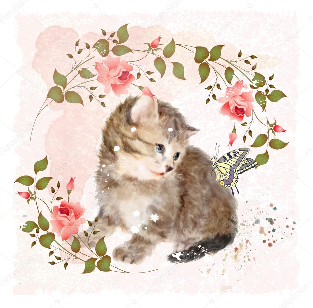Fluffy kitten with roses and butterfly.  Vintage postcard.  Imit
