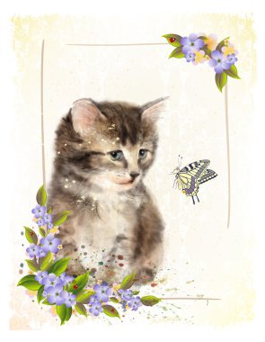 Vintage kartpostal ile yavru kedi. Suluboya taklit.