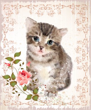 Gül ve kelebek kabarık kedi yavrusu. Vintage kartpostal. Lıları