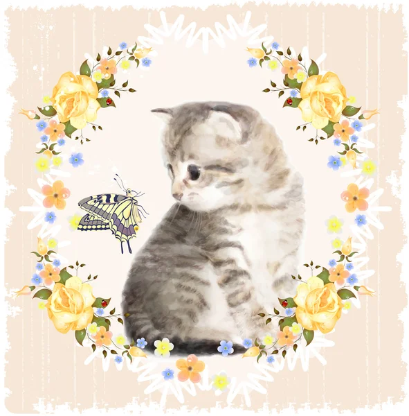 Vintage card with fluffy kitten, butterfly and roses. Imitation — Stock Illustration Vintage card with fluffy kitten, butterfly and roses. Imitation Royalty Free Stock Illustrations