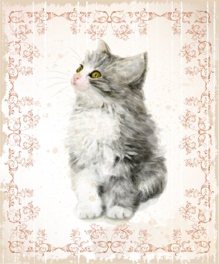 Vintage kartı ile kabarık kedi yavrusu. Sulu Boya paintin, taklit