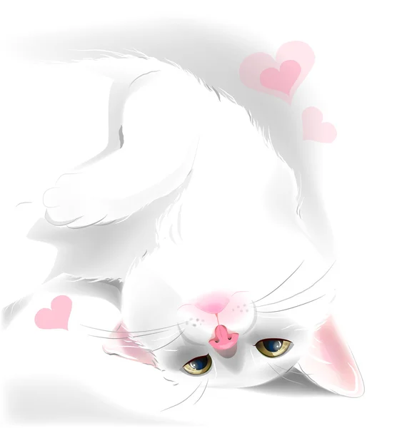 Gato blanco juguetón para la tarjeta de felicitación del día de San Valentín — Vector de stock