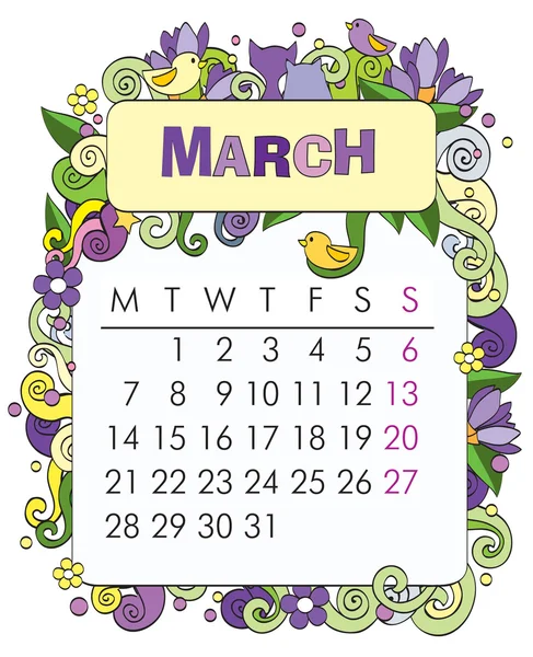 Dekorativa kalender - mars — Stock vektor