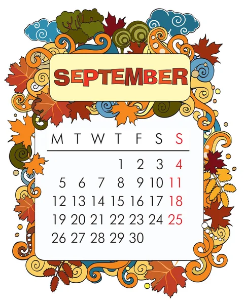 Kalender dekoratif September - Stok Vektor