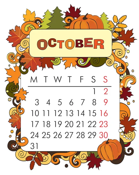 Díszítő keret naptár - október — Stock Vector