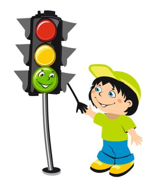 Çizgi film çocuk ve trafik ışığı