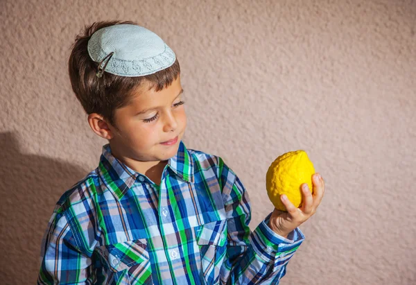 O rapaz está a segurar citrinos. — Fotografia de Stock