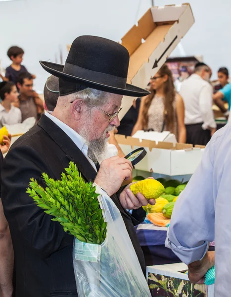 Man checks fruit with magnifying glass — Stock Fotó