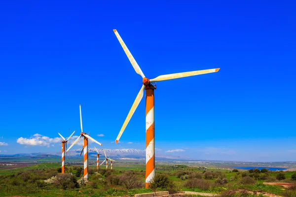 Varios molinos de viento modernos enormes — Foto de Stock
