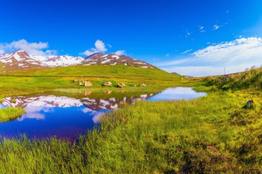   Mavi göl karlı tepeleri yansıtır  