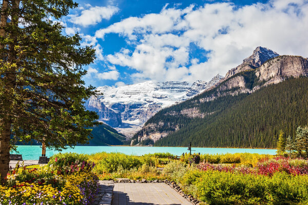 The emerald lake surrounded by glaciers and pine forests