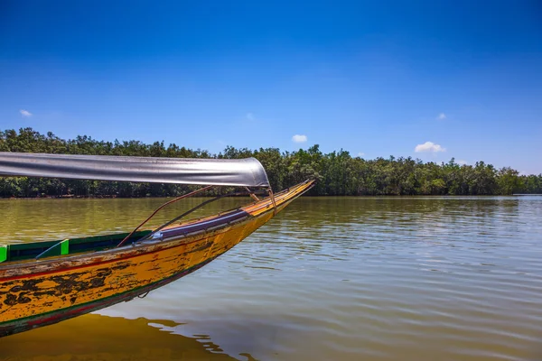 Native boat in marshy channels and thickets — Stock Photo, Image