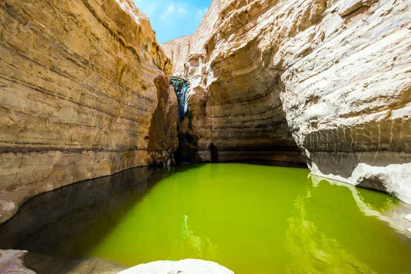 Acqua Liscia Verdastra Piccolo Lago Pittoresca Cascata Nel Mezzo Del — Foto Stock