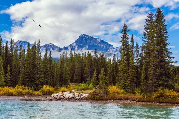 カナダのロッキー山脈の曇った秋の日 紺碧の冷たい水と山の湖 おとぎ話のカナダ アクティブ 写真観光の概念 — ストック写真