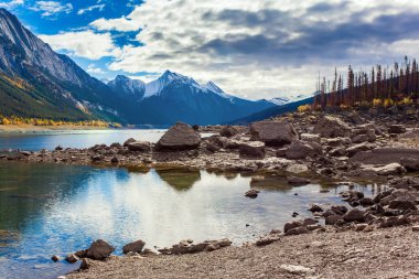 Kanada, Alberta, Jasper. Harika bir sonbahar günü. Dağ gölünün büyülü güzelliği. Güneş karla kaplı dağları aydınlatır. Medicine Dağı 'nın kayalık kıyısında