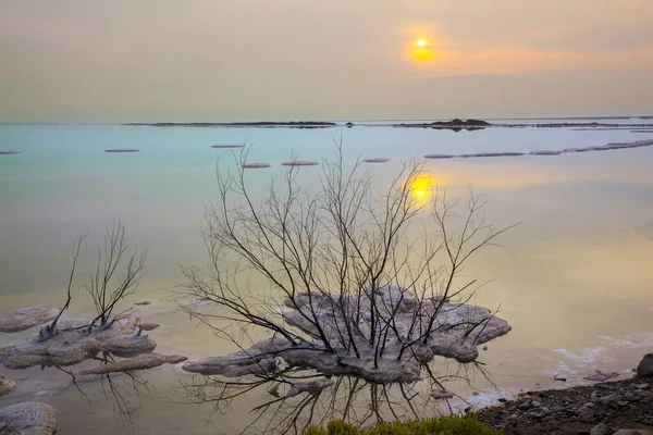 Sol Brumoso Refleja Superficie Lisa Del Agua Sal Evaporada Sobresale — Foto de Stock