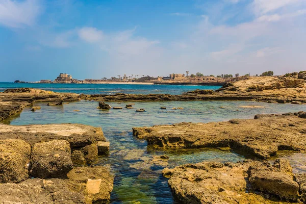 Flooded Sea Remains Fortifications Ruins Ancient Port Caesarea Spring Day — Stock Photo, Image