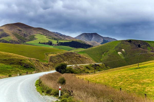 Великолепный Пейзаж Новой Зеландии Холмы Заросли Пожелтевшей Травой Дорога Пересекает — стоковое фото