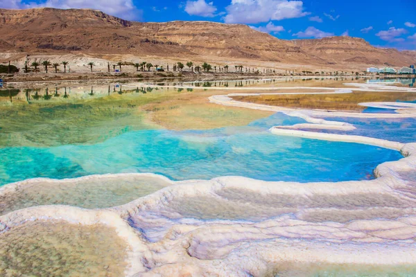  Buharlaşmış tuz. Çok tuzlu Ölü Deniz 'de azalmış su. Terapötik Ölü Deniz, İsrail. Tıbbi ve ekolojik turizm kavramı
